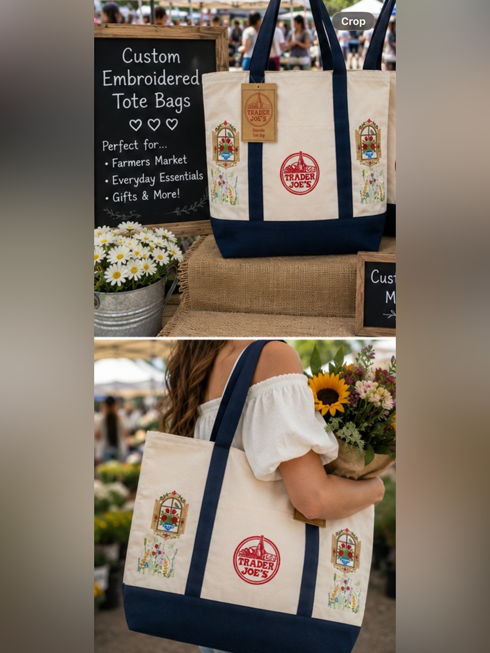 🦜🌹NWT Embroidered Trader Joe’s Canvas Tote | Boho Reusable Market Bag